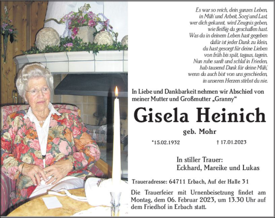 Traueranzeige von Gisela Heinich von Odenwälder Echo