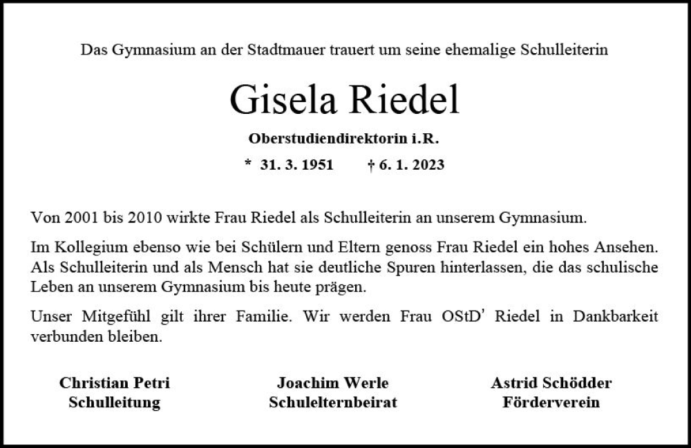  Traueranzeige für Gisela Riedel vom 14.01.2023 aus Allgemeine Zeitung Bad Kreuznach