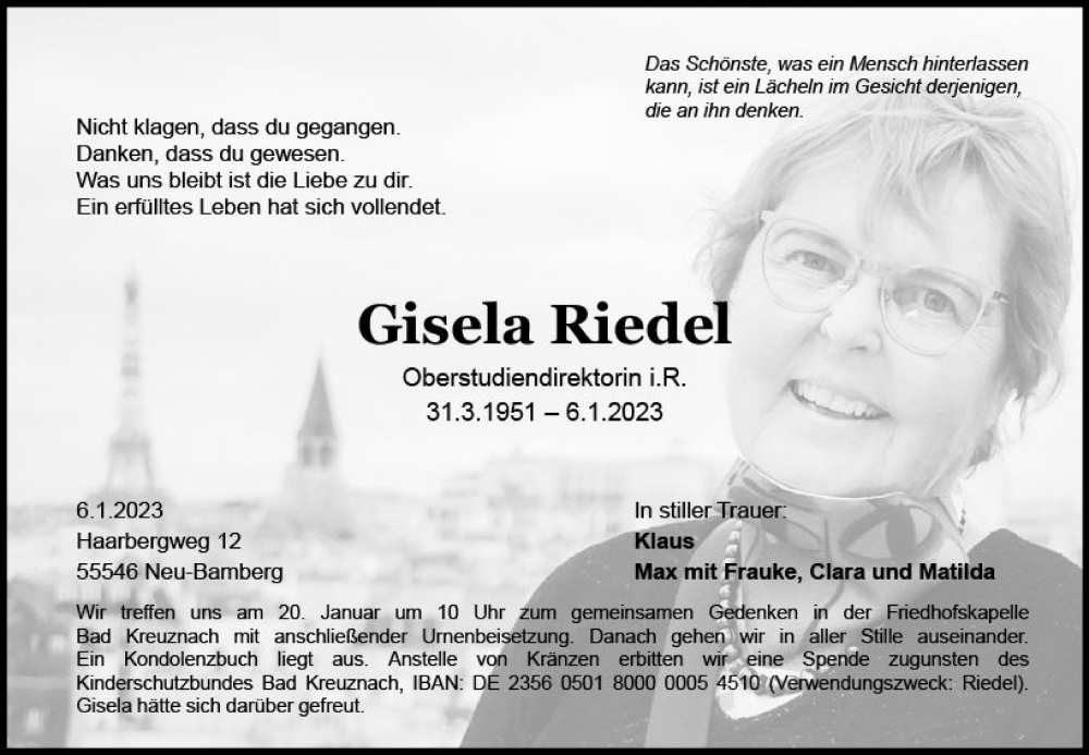  Traueranzeige für Gisela Riedel vom 14.01.2023 aus Allgemeine Zeitung Bad Kreuznach
