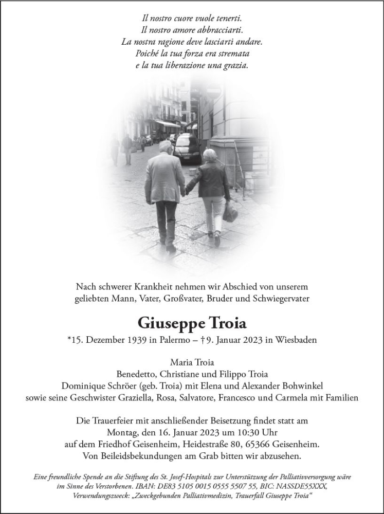  Traueranzeige für Giuseppe Troia vom 13.01.2023 aus WK Rheingau