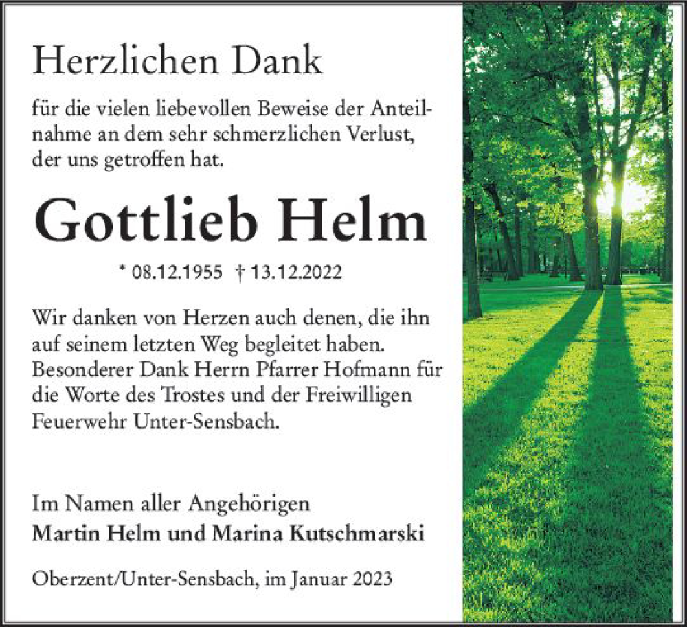  Traueranzeige für Gottlieb Helm vom 21.01.2023 aus Odenwälder Echo