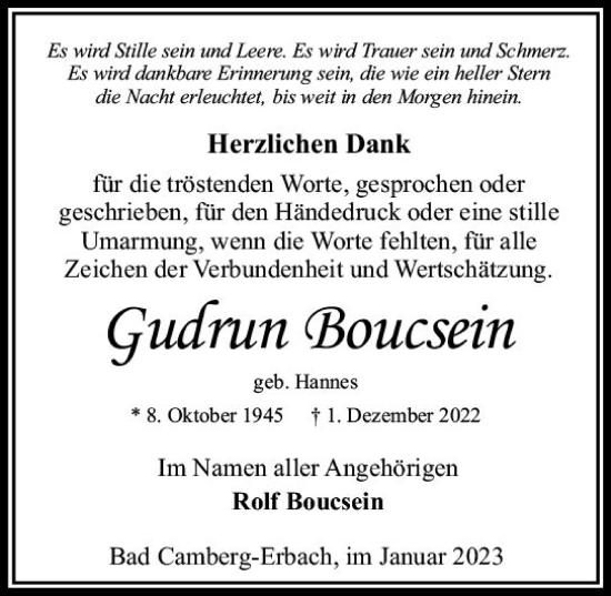 Traueranzeige von Gudrun Boucsein von Camberger Anzeiger