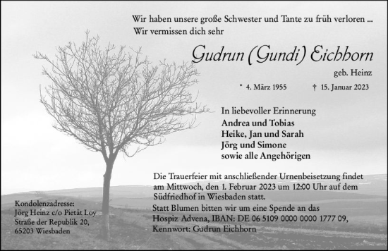 Traueranzeige von Gudrun Eichhorn von Wiesbadener Kurier gesamt