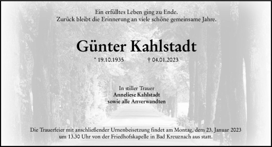 Traueranzeige von Günter Kahlstadt von Allgemeine Zeitung Bad Kreuznach