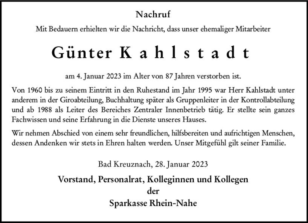  Traueranzeige für Günter Kahlstadt vom 28.01.2023 aus Allgemeine Zeitung Bad Kreuznach
