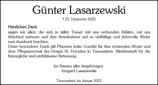 Traueranzeige von Günter Lasarzewski von Wiesbadener Kurier gesamt