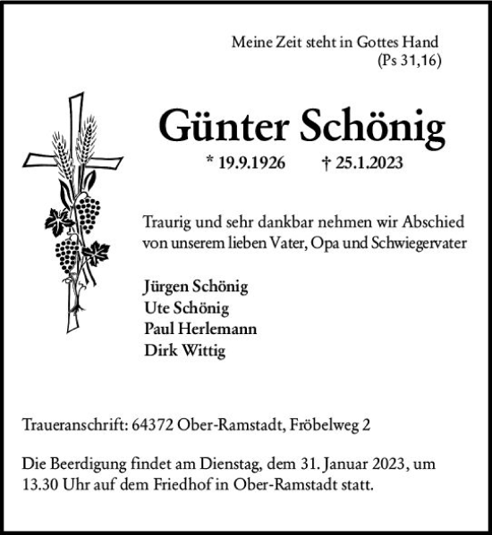 Traueranzeige von Günter Schönig von Darmstädter Echo