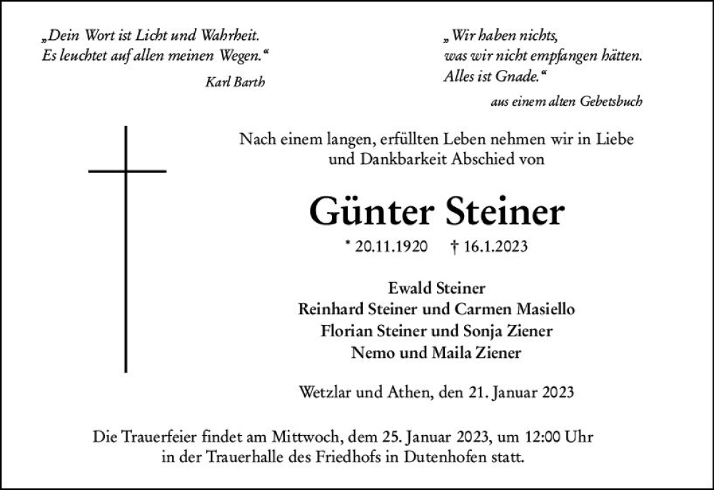  Traueranzeige für Günter Steiner vom 21.01.2023 aus Wetzlarer Neue Zeitung