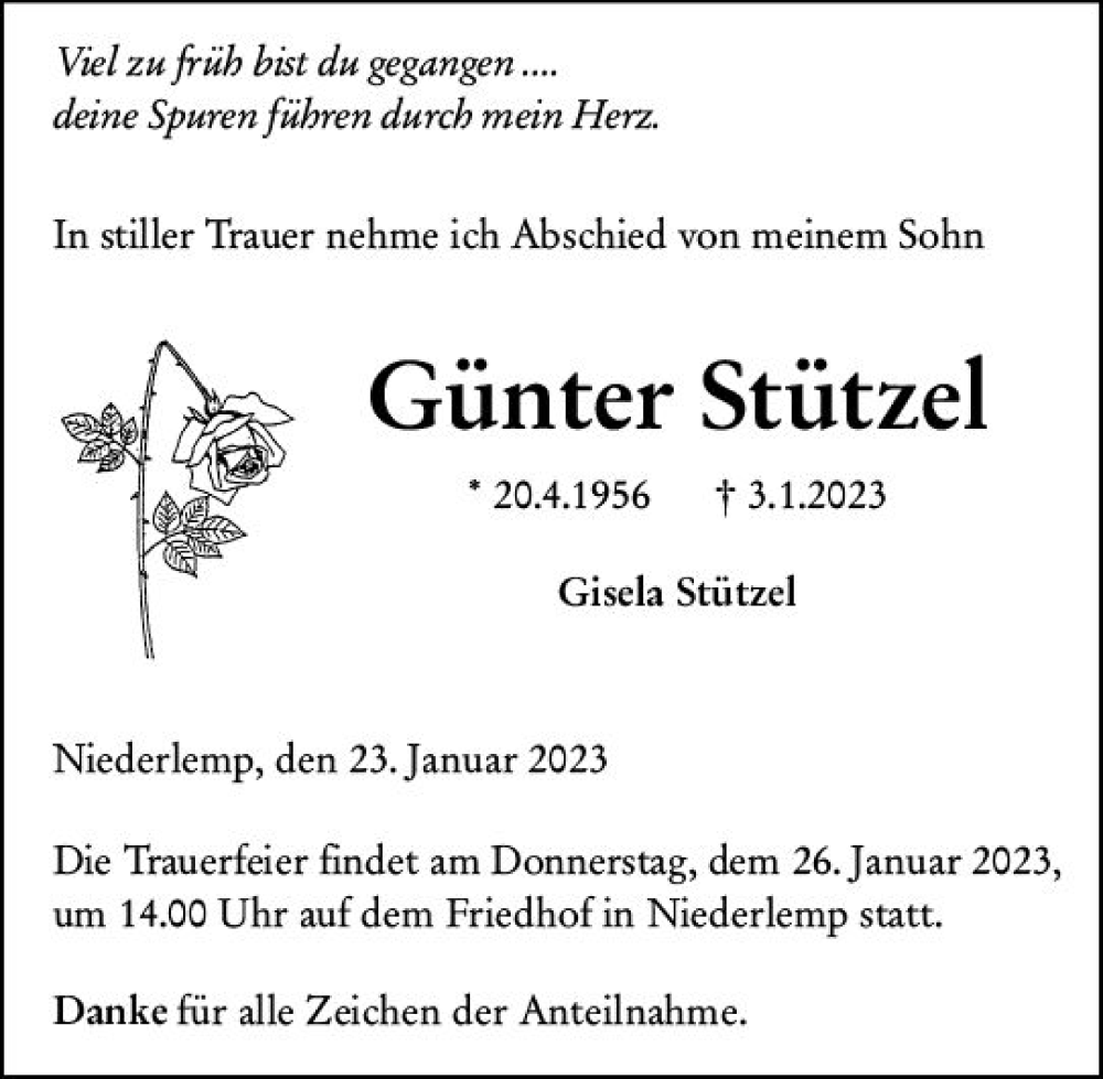  Traueranzeige für Günter Stützel vom 23.01.2023 aus Wetzlarer Neue Zeitung