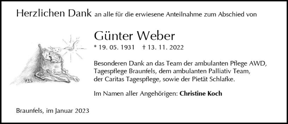  Traueranzeige für Günter Weber vom 14.01.2023 aus Wetzlarer Neue Zeitung