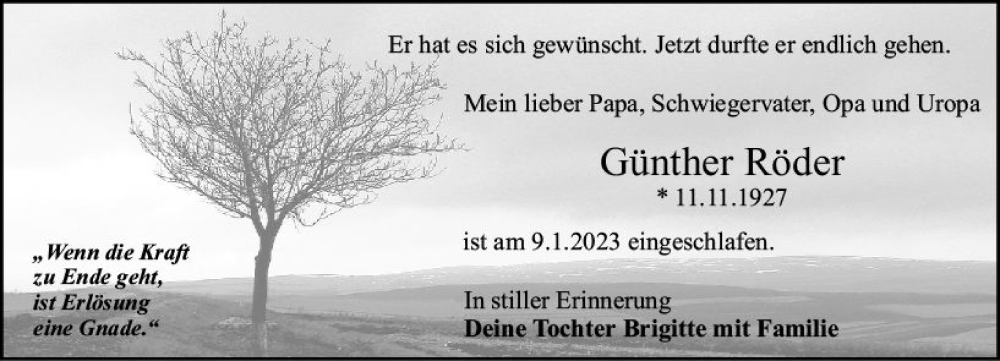  Traueranzeige für Günther Röder vom 14.01.2023 aus Darmstädter Echo