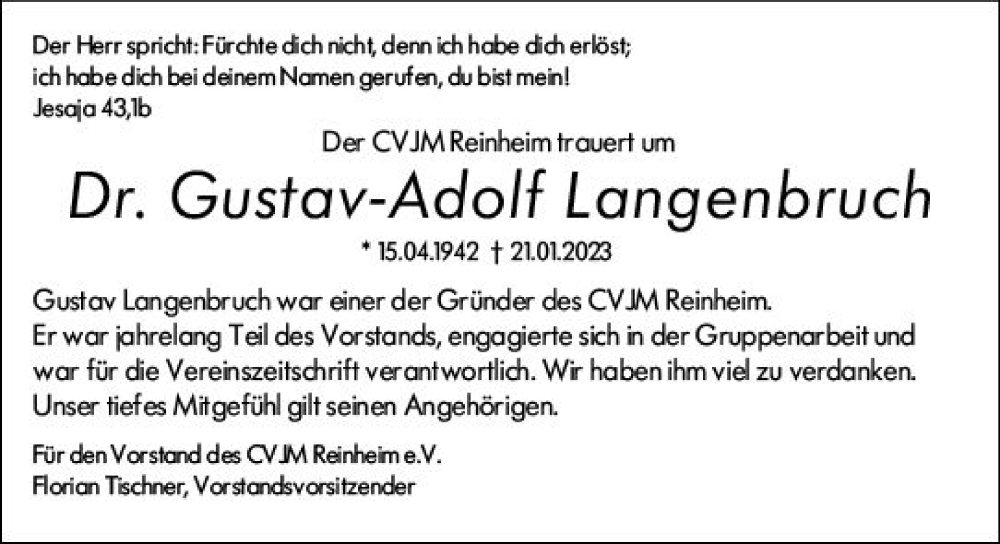  Traueranzeige für Gustav-Adolf Langenbruch vom 28.01.2023 aus Darmstädter Echo
