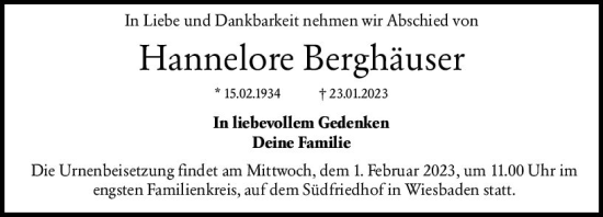 Traueranzeige von Hannelore Berghäuser von Wiesbadener Kurier gesamt