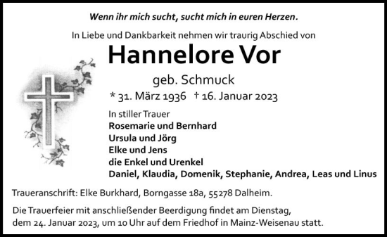 Traueranzeige von Hannelore Vor von Allgemeine Zeitung Mainz