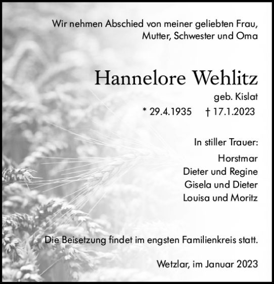Traueranzeige von Hannelore Wehlitz von Wetzlarer Neue Zeitung