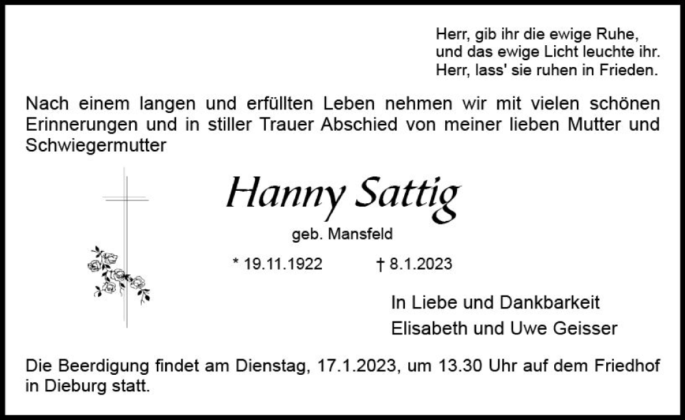 Traueranzeige für Hanny Sattig vom 14.01.2023 aus DieburgerAnzeiger/Groß-Zimmerner Lokalanzeiger