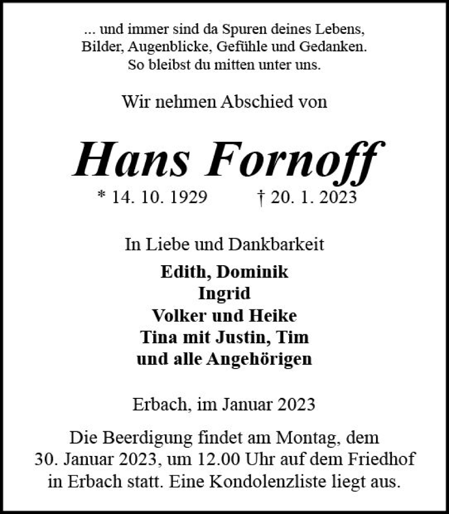  Traueranzeige für Hans Fornoff vom 28.01.2023 aus Odenwälder Echo