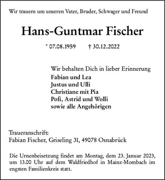 Traueranzeige von Hans-Guntmar Fischer von Allgemeine Zeitung Mainz