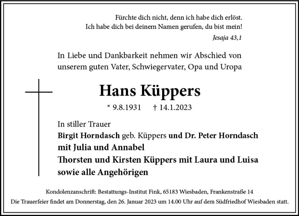  Traueranzeige für Hans Küppers vom 21.01.2023 aus Wiesbadener Kurier gesamt