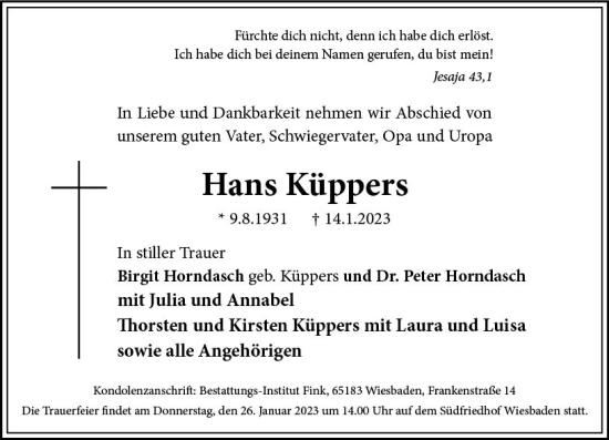 Traueranzeige von Hans Küppers von Wiesbadener Kurier gesamt