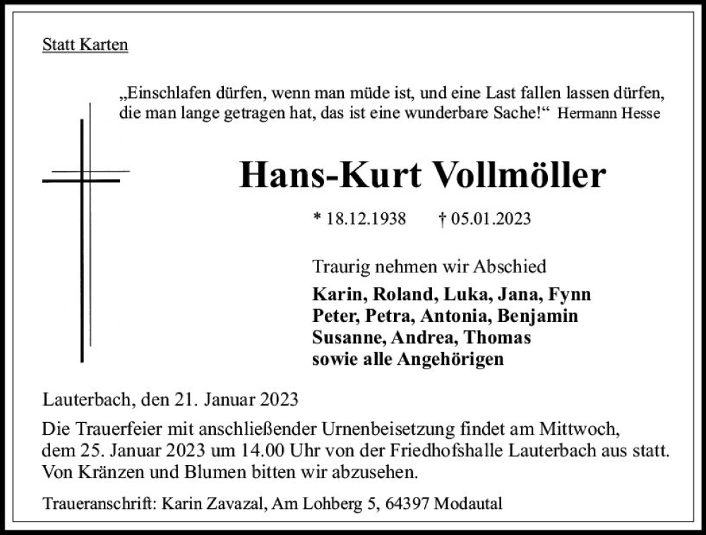  Traueranzeige für Hans-Kurt Vollmöller vom 21.01.2023 aus VRM Trauer