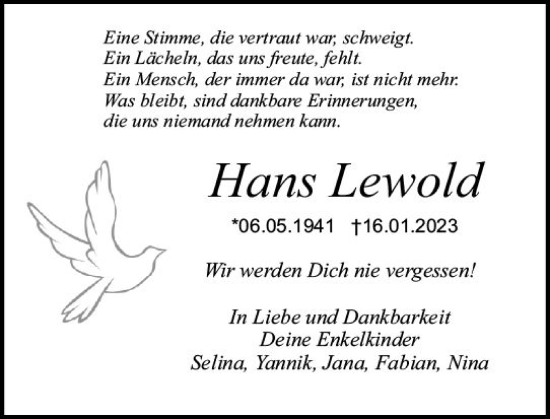 Traueranzeige von Hans Lewold von Odenwälder Echo