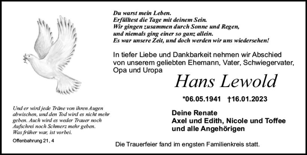  Traueranzeige für Hans Lewold vom 28.01.2023 aus Odenwälder Echo