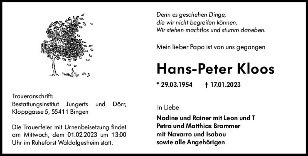  Traueranzeige für Hans-Peter Kloos vom 28.01.2023 aus Bingen/Ingelheim Wochenblatt inkl. NBZ
