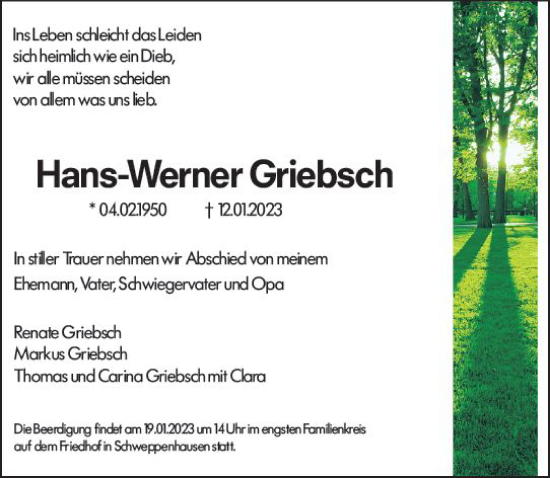 Traueranzeige von Hans-Werner Griebsch von Allgemeine Zeitung Bad Kreuznach