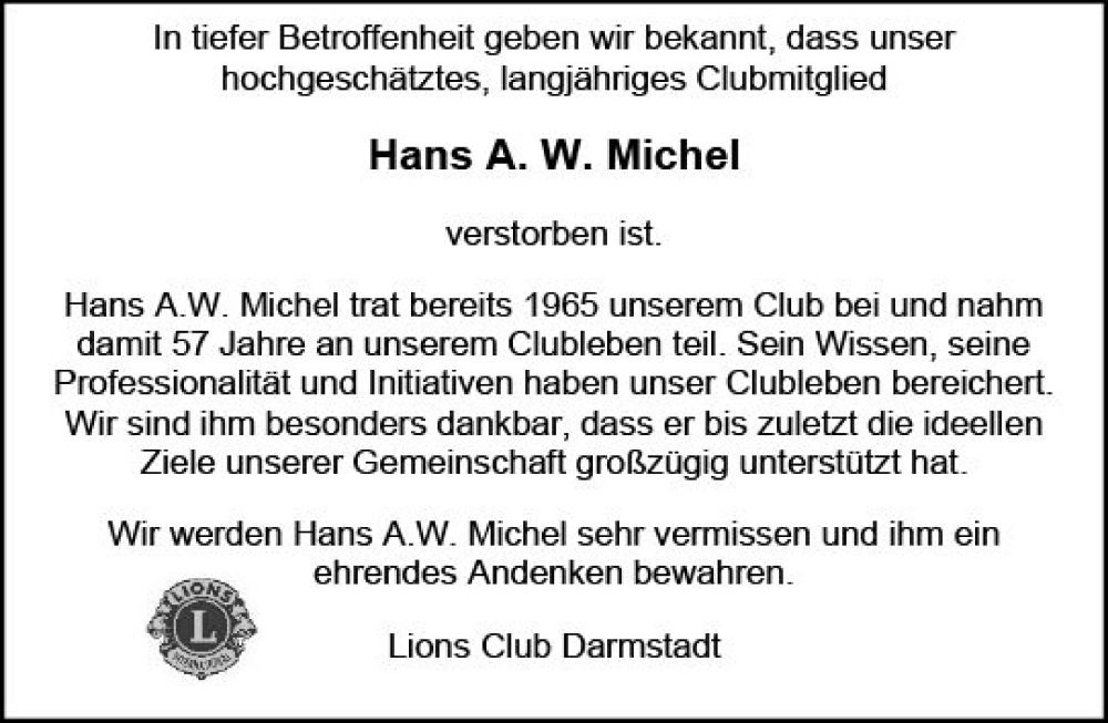  Traueranzeige für Hans A. W. Michel vom 21.01.2023 aus Darmstädter Echo
