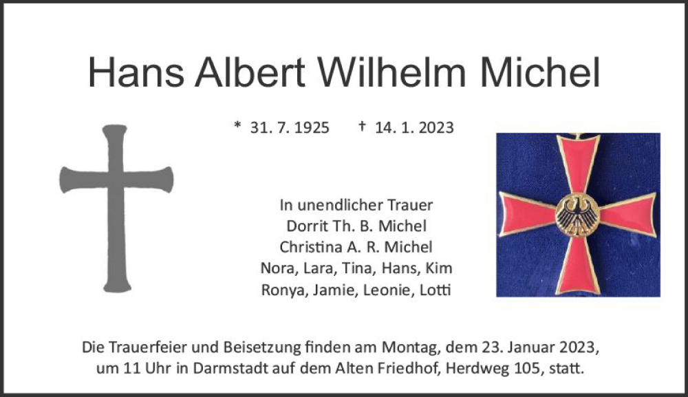  Traueranzeige für Hans Albert Wilhelm Michel vom 18.01.2023 aus Darmstädter Echo