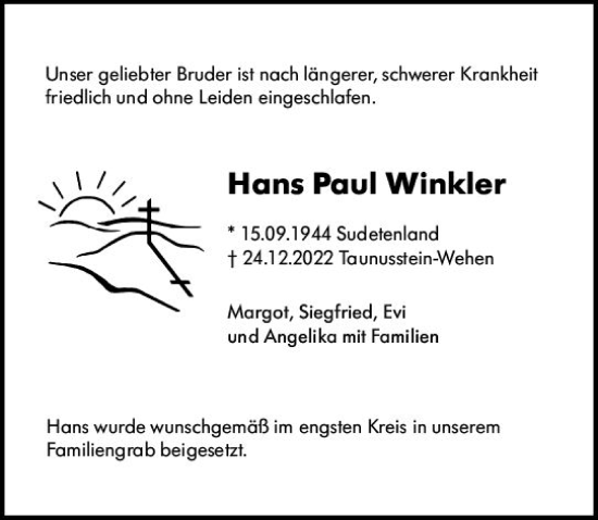 Traueranzeige von Hans Paul Winkler von Wiesbadener Kurier gesamt