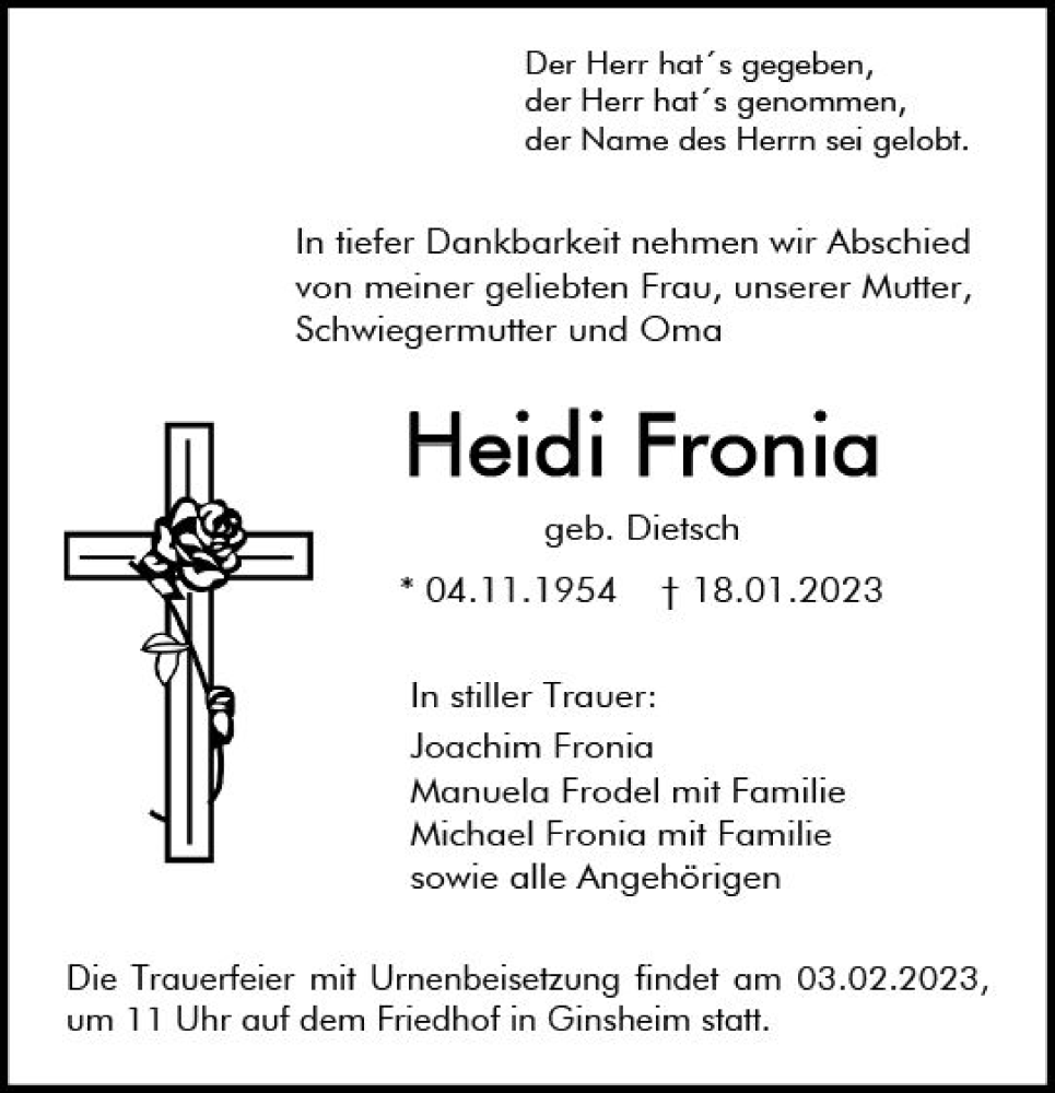  Traueranzeige für Heidi Fronia vom 28.01.2023 aus Allgemeine Zeitung Mainz