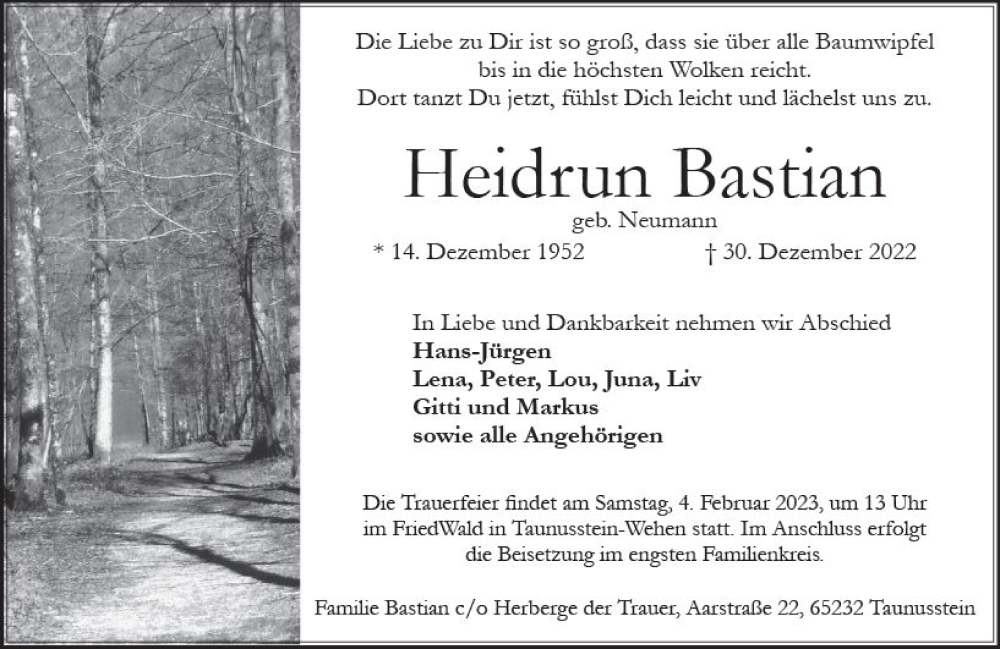  Traueranzeige für Heidrun Bastian vom 21.01.2023 aus Wiesbadener Kurier gesamt