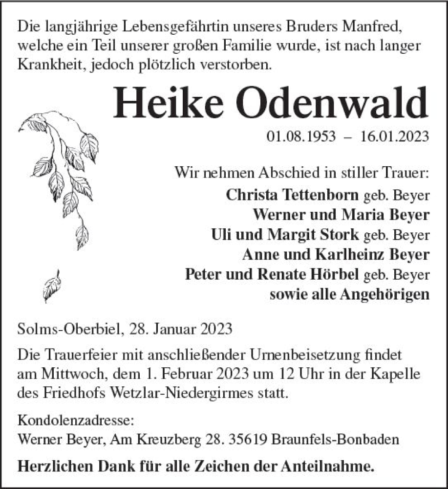  Traueranzeige für Heike Odenwald vom 28.01.2023 aus Wetzlarer Neue Zeitung