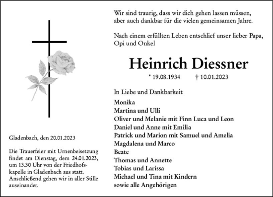 Traueranzeige von Heinrich Diessner von Hinterländer Anzeiger