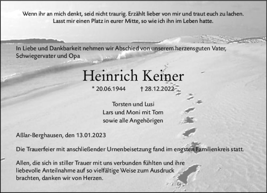 Traueranzeige von Heinrich Keiner von Wetzlarer Neue Zeitung