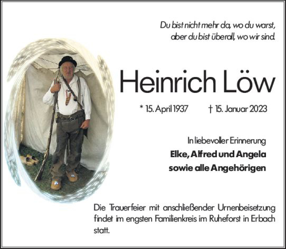  Traueranzeige für Heinrich Löw vom 21.01.2023 aus Odenwälder Echo