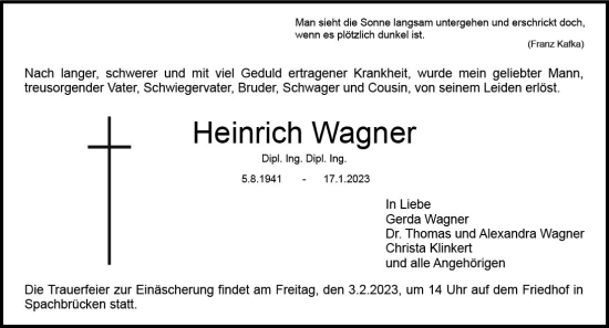 Traueranzeige von Heinrich Wagner von DieburgerAnzeiger/Groß-Zimmerner Lokalanzeiger
