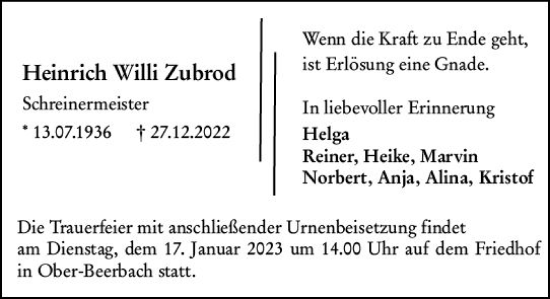 Traueranzeige von Heinrich Willi Zubrod von Darmstädter Echo