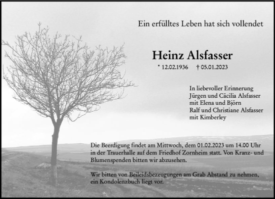 Traueranzeige von Heinz Alsfasser von Allgemeine Zeitung Mainz