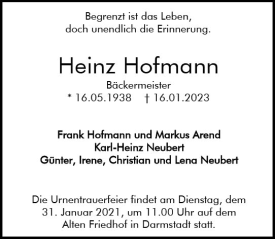 Traueranzeige von Heinz Hofmann von Darmstädter Echo