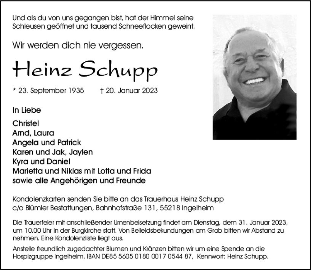  Traueranzeige für Heinz Schupp vom 28.01.2023 aus Allgemeine Zeitung Ingelheim-Bingen