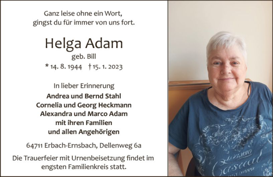 Traueranzeige von Helga Adam von Odenwälder Echo