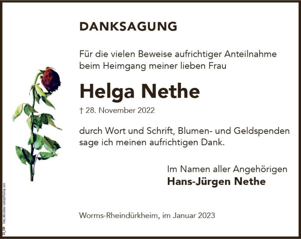  Traueranzeige für Helga Nethe vom 14.01.2023 aus Wormser Zeitung