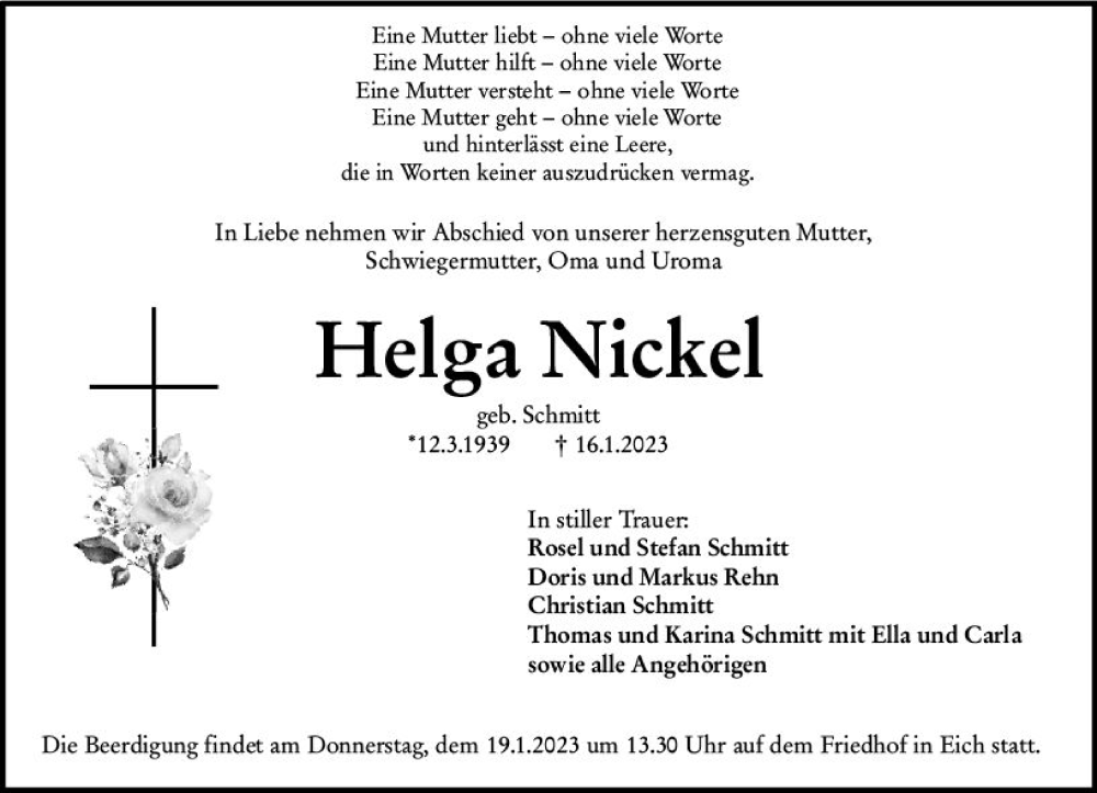  Traueranzeige für Helga Nickel vom 18.01.2023 aus Wormser Zeitung