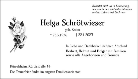 Traueranzeige von Helga Schrötwieser von Rüsselsheimer Echo