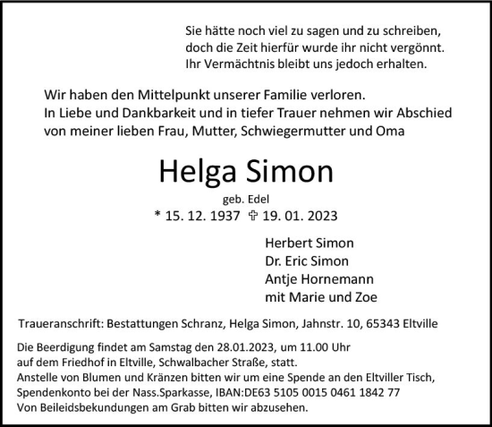 Traueranzeige von Helga Simon von WK Rheingau