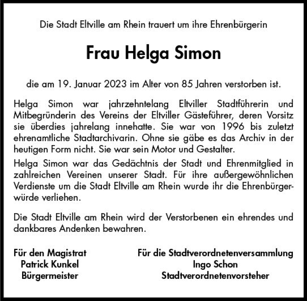  Traueranzeige für Helga Simon vom 27.01.2023 aus WK Rheingau