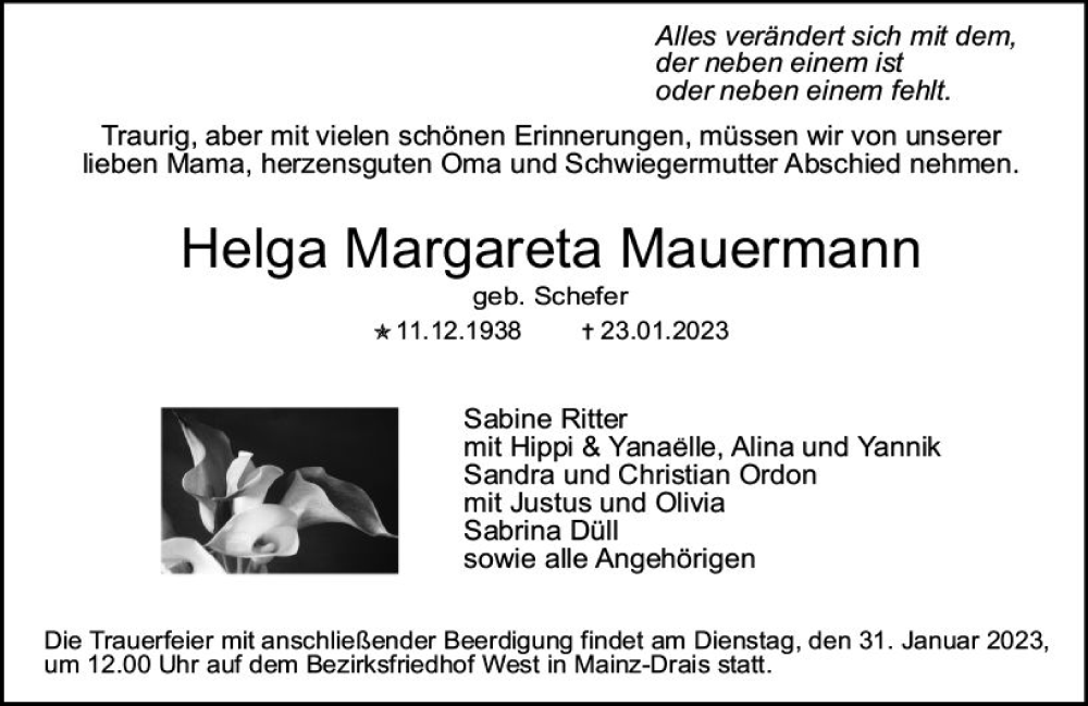  Traueranzeige für Helga Margareta Mauermann vom 28.01.2023 aus Allgemeine Zeitung Mainz
